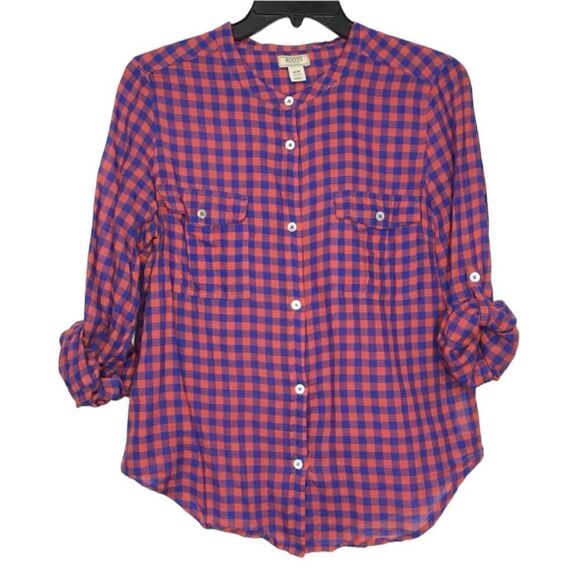 ROOTS CANADA RED/BLUE CHECKERED BUTTON UP LONG SLEEVE LIGHTWEIGHT SHIRT MEDIUM - Picture 1 of 10